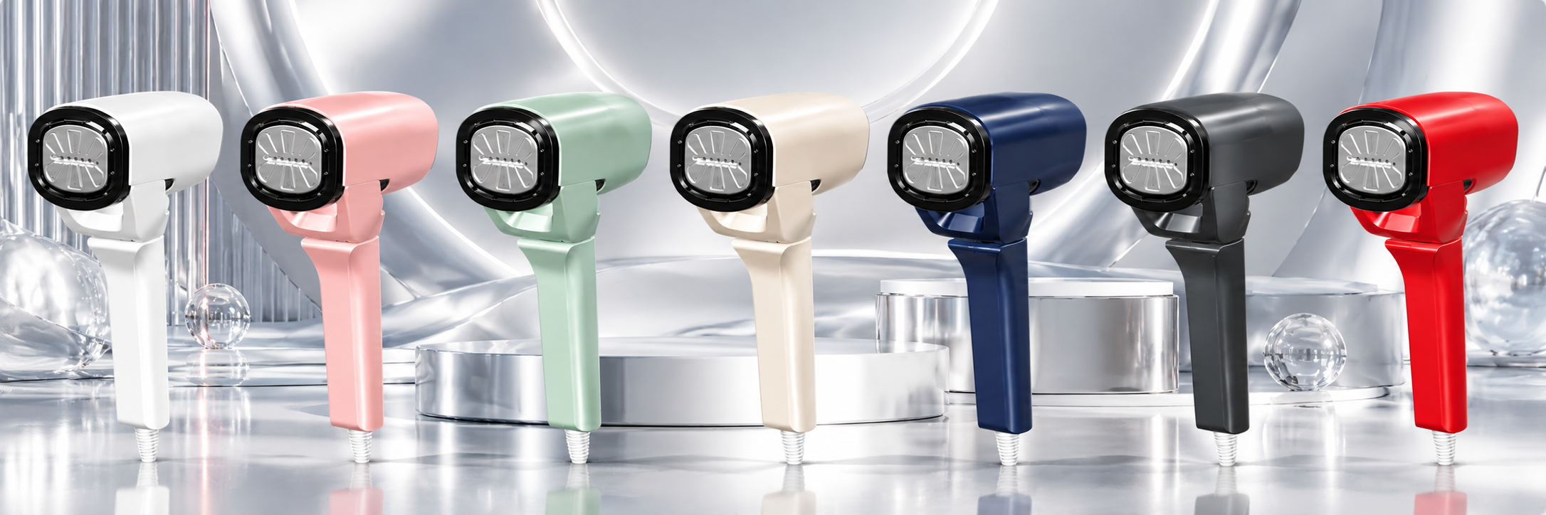 Seven color concepts: white, pink, green, cream, navy, grey, red