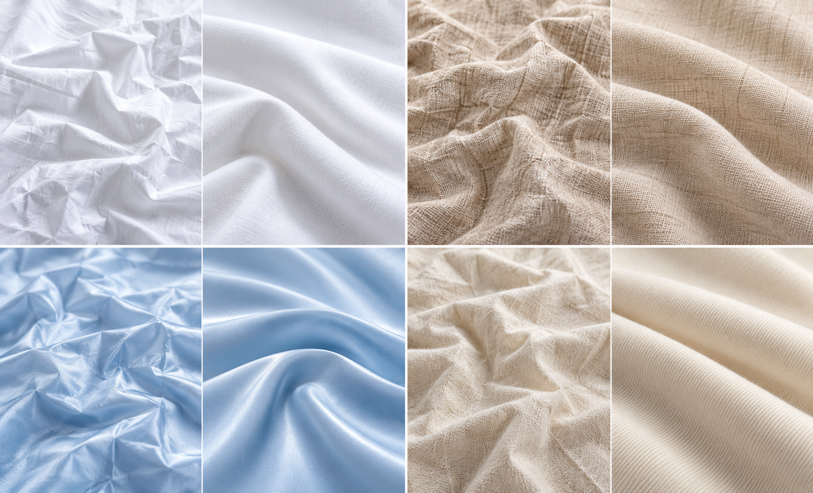 Illustrative fabric comparisons: cotton, linen, silk and wool; creased and smoother states